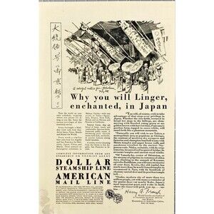 Dollar Steamship Line "Why you will Linger Enchanted in Japan" Vtg Print Ad 1929